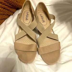 Life stride low wedge tan sandals. Size 11 wide.